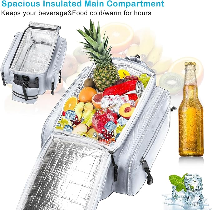 MOSISO Bike Rack Bag with Rain Cover, Bike Trunk Cooler Handag Insulated Bicycle Rear Seat Pouch with 2 Side Foldable Panniers, 8L Cycling Backseat Storage Cargo Saddle Shoulder Bag, Gray