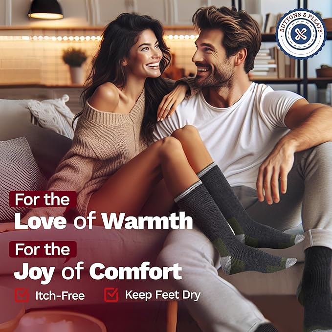 Buttons & Pleats Wool Socks for Men & Women Merino Thermal Warm Cozy Winter Boot Sock