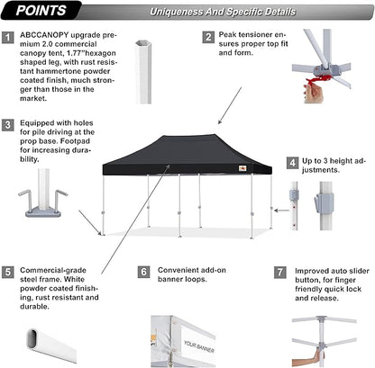 ABCCANOPY Commercial Pop Up Canopy Tent 10x20 Premium-Series, Black