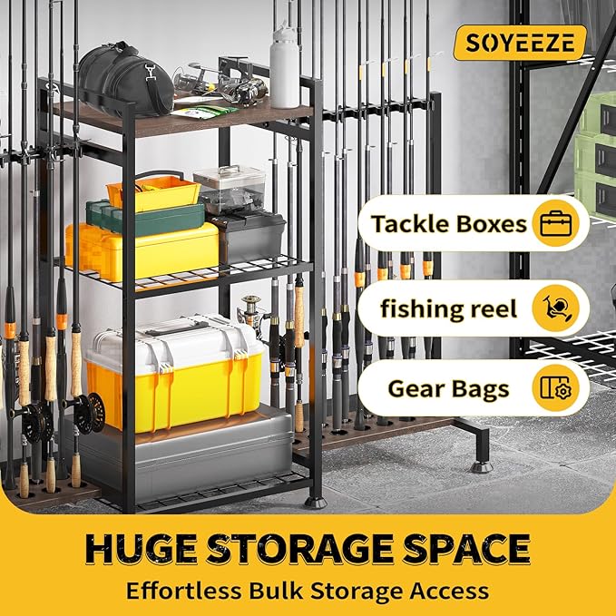 SOYEEZE Fishing Rod Holder for 28 Rods, Ground Stand Fishing Pole Holders for Garage, 3-Sided Vertical Fish Rod Rack for Tackle Box, Fishing Supplies,a Display Fish Gear Storage Gift for Man