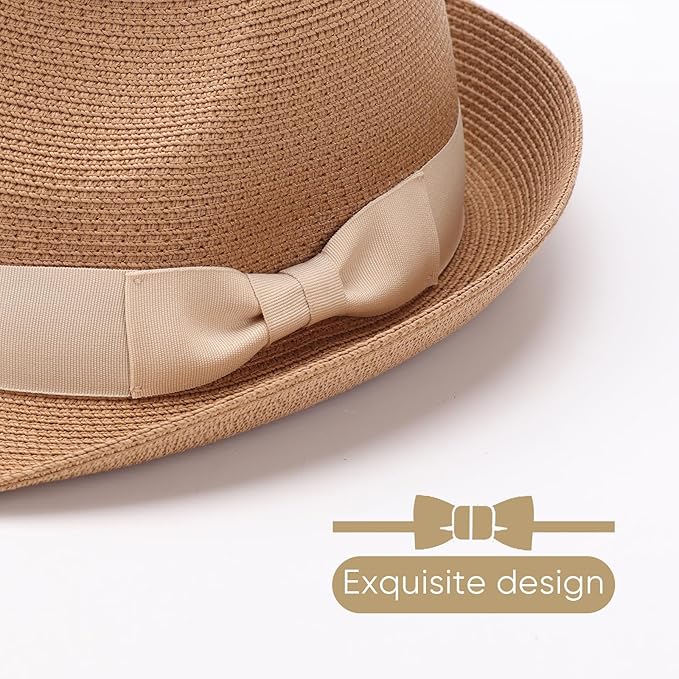 DRESHOW Women Straw Sun Hat Short Brim Panama Travel Fedora Beach Cap Roll up Summer Hat for Women Men UPF 50+