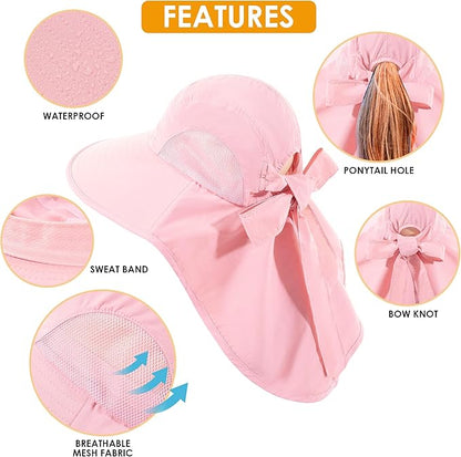 Womens Sun Hat UV Protection, Foldable Waterproof Wide Brim Bucket Hats with Neck Flap for Summer Beach Fishing Hiking