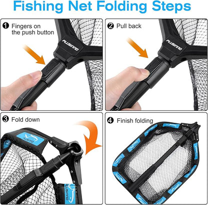 PLUSINNO Floating Fishing Net for Steelhead, Salmon, Fly, Kayak, Catfish, Bass, Trout Fishing, Rubber Coated Landing Net for Easy Catch & Release, Compact & Foldable for Easy Transportation & Storage