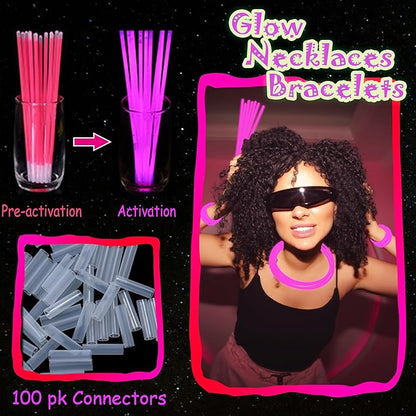 ILHSTY 100 pk 8'' Pink Glow Sticks Glow Necklaces In The Dark Party Favors Supplies Bright GlowSticks Bulk for Birthday Valentine Carnival Christmas Halloween 4th of July Neon Party (Pink*100)