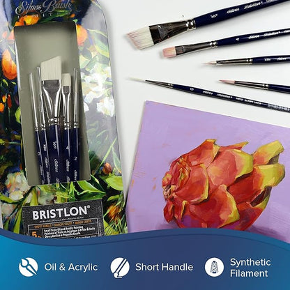 Silver Brush Limited BR-1905S Bristlon Detail Set, Paintbrushes for Oil, Acrylic, and Heavy Body Paints, Set of 5, #0 Script Liner, #2 Round, #4 Bright, XS Triangle, and 3/4" Angle Brush, Short Handle