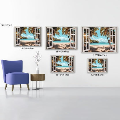 ANRUOXI Beach Wall Art, Window Frame Style Canvas Wall Decor Ocean, Blue Sea & Tropical Palm Tree Ocean Island Canvas, Paradise Scenery Nature Landscape Painting for Living Room Office Home 28x40 Inch