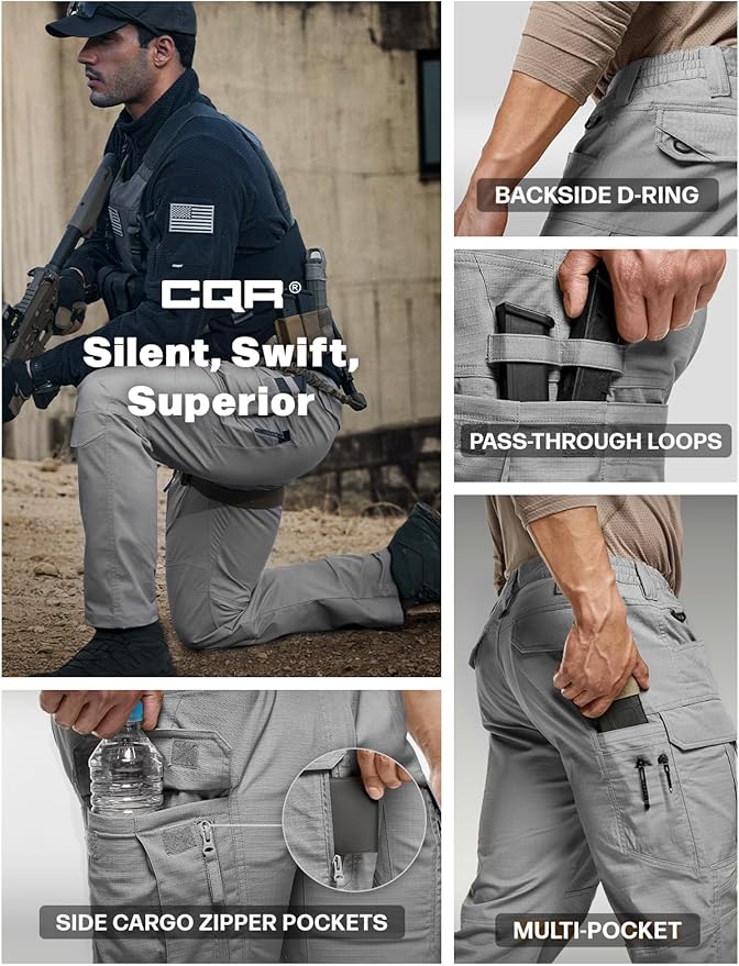 CQR Men's Flex Stretch Tactical Pants, Water Resistant Ripstop Cargo Pants, Lightweight EDC Outdoor Work Hiking Pants