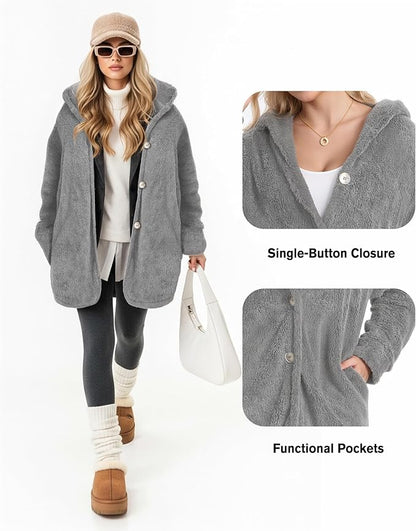 MANGOPOP Womens Fleece Jacket 2025 Winter Oversized Fuzzy Hooded Coat Button Cardigan Sherpa Sweaters Outerwear with Pockets