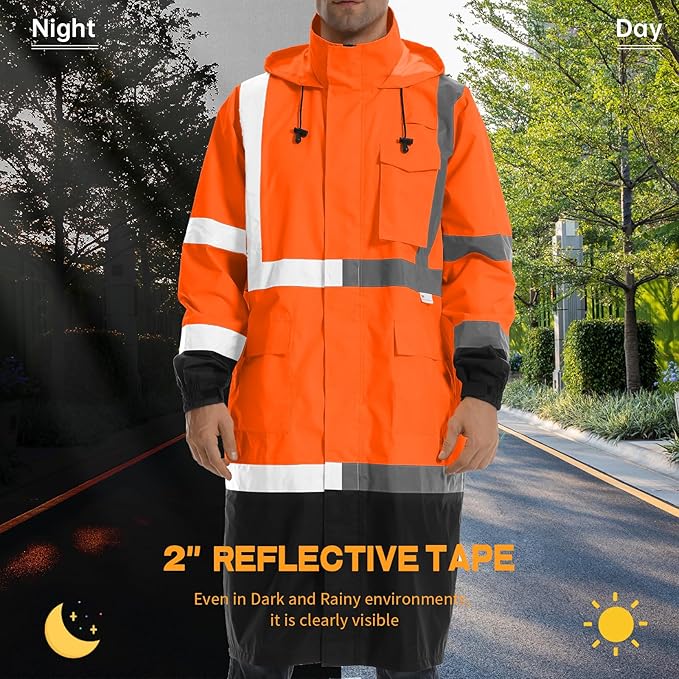Hi Vis Rain Jacket with 3M Reflective Stripe,High Visibility Class 3 Rain coats,Safety Waterproof Rain Suits for Men with Hood and 2 Large Pockets construction work rain gear(Orange 4XL)