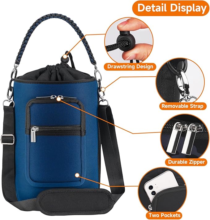 32/40/64/128 oz Neoprene Insulated Water Bottle Carrier Bag, Sling Bag Sleeve Pouch Holder with Strap & Paracord Handle and 2 Pocket for Travelling, Hiking, Camping