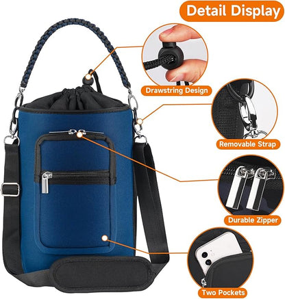 32/40/64/128 oz Neoprene Insulated Water Bottle Carrier Bag, Sling Bag Sleeve Pouch Holder with Strap & Paracord Handle and 2 Pocket for Travelling, Hiking, Camping