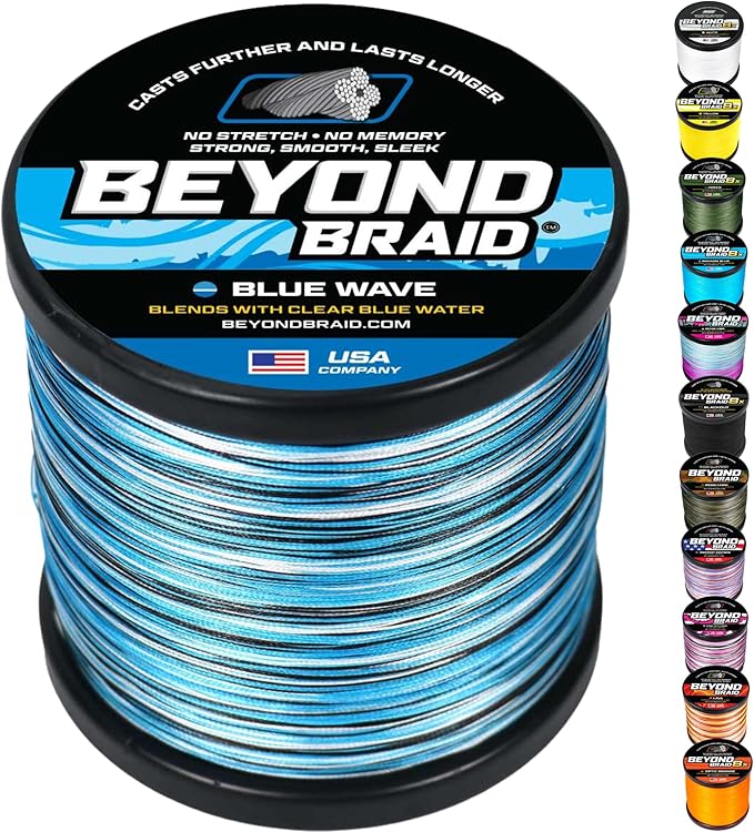 Beyond Braid Braided Fishing Line -Super Strong - Abrasion Resistant - No Stretch -Blue Camo, Moss Camo, White, Green, Pink, Blue, 4 Strand 8 Strand