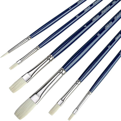 Silver Brush Limited BR-1951 Bristlon Long Handle Flat Brushes with Very Stiff White Synthetic Tips, 6pc Premium Artist Painting Set for Acrylic, Oil, Watercolor & All Media, Sizes 00, 0, 1, 2, 4, & 6