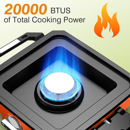 ODSD 2 Burner Camping Stove with Windshield, 20000 BTU Propane Camp Stove, Portable Folding Gas Stove, Camping Essentials Gear Includes Frying Pan, Coffee Stand & Carry Bag, Orange