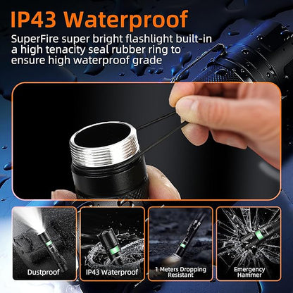 SuperFire 1000-Lumen Tactical Flashlight - Rechargeable, Zoomable LED Flashlight with 5 Modes, Pocket-Sized (2-Pack) for Camping & Emergency