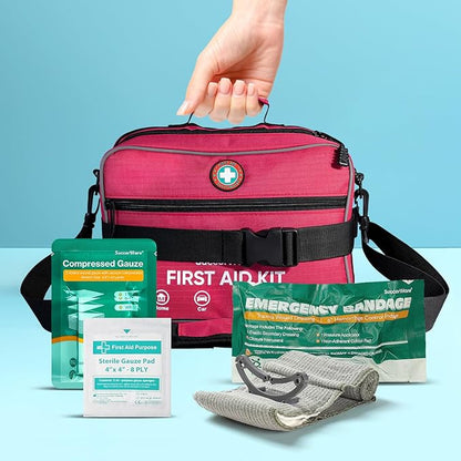 Professional 435 Pieces Large First Aid Kit - Includes Compressed Gauze - Compartments Emergency Medical Kit for Home, Camping, Backpacking, Travel, Boat, Car,Outdoors(Pink)