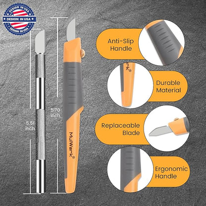 MulWark 32-Piece Precision Hobby Knife Set - Exacto Knife Set For Modeling - Craft Knife Handle Customized With Chiseling, Stencil Edge And Fine Point Blades With Sharpening Stone And Steel Ruler