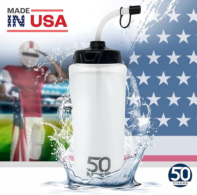 50 Strong 1 Liter Water Bottle with Straw – 18-Pack Easy-Squeeze Sports Bottles with Long Straw & Built-In Finger Grip – BPA-Free & Made in USA – Ideal for Hockey & Team Sports