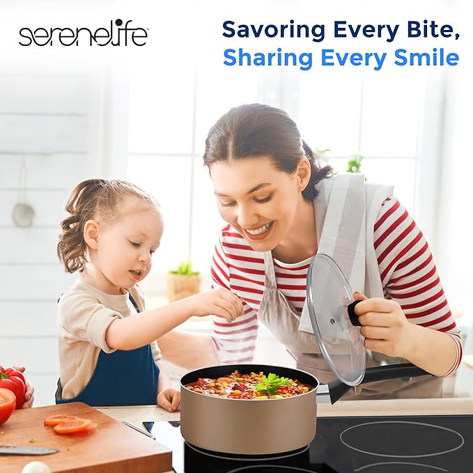 SereneLife 6-Piece Pots and Pans Set – Nonstick Cookware, Black Coating, Heat-Resistant, Dishwasher safe, Includes Fry Pans, Saucepans with Lids, Color Gold