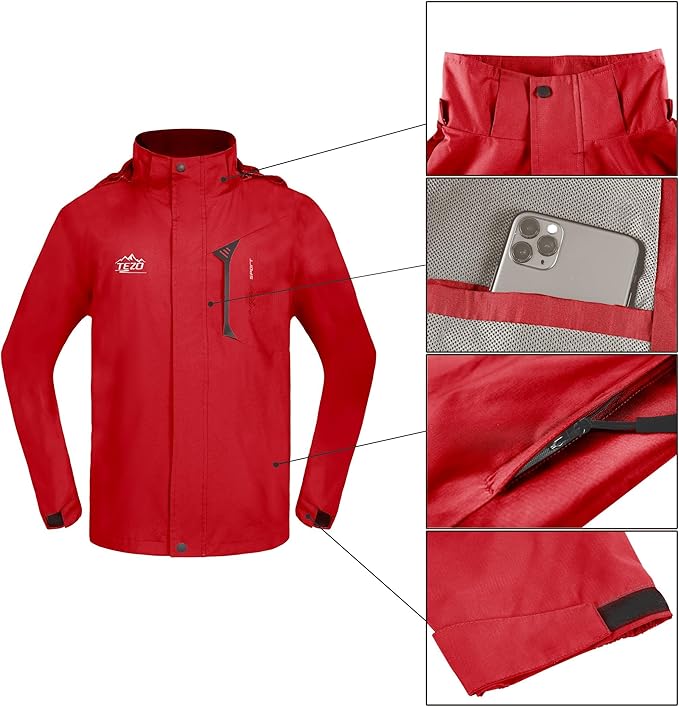 TEZO Mens Rain Jacket Waterproof with Hooded Hiking Coat Lightweight Windbreaker