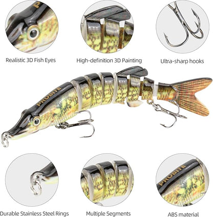 5PCS Lifelike Fishing Lures – Multi-Jointed Swimbait for Bass, Trout, Crappie, Walleye, Pike, Realistic Action with 3D Fish Eyes and Sharp Hooks, Perfect for Fishing Kits in Saltwater & Freshwater