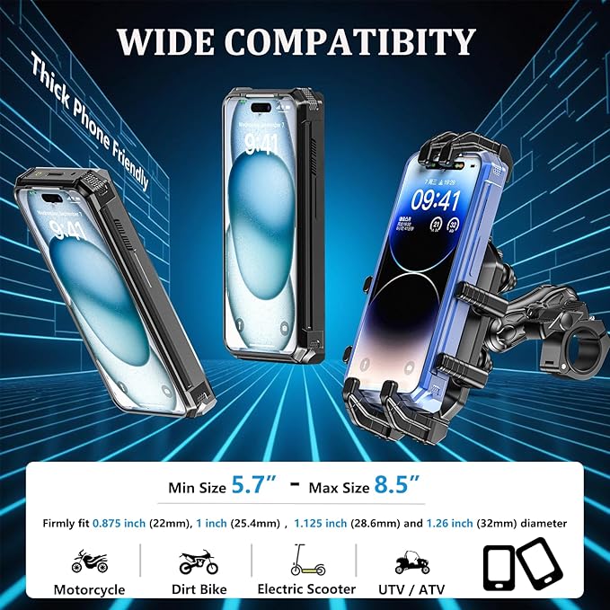 Motorcycle Phone Mount with Vibration Dampener & Secure Lock, [Size Adjustable] [Larger & Thicker Phones Friendly ] Handlebar Cellphone Holder for ATV Scooter for 5.7''-8.5'' Smartphone