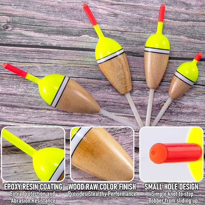 Alwonder 4-Pack Bobbers for Fishing, Buoyant Balsa Wood Body Slip Bobbers Floats, Oval High Sensitive Slip Bobber for Fishing Crappie Bluegill Trout Bass Panfish Catfish Walleye