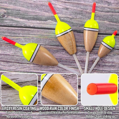 Alwonder 4-Pack Bobbers for Fishing, Buoyant Balsa Wood Body Slip Bobbers Floats, Oval High Sensitive Slip Bobber for Fishing Crappie Bluegill Trout Bass Panfish Catfish Walleye