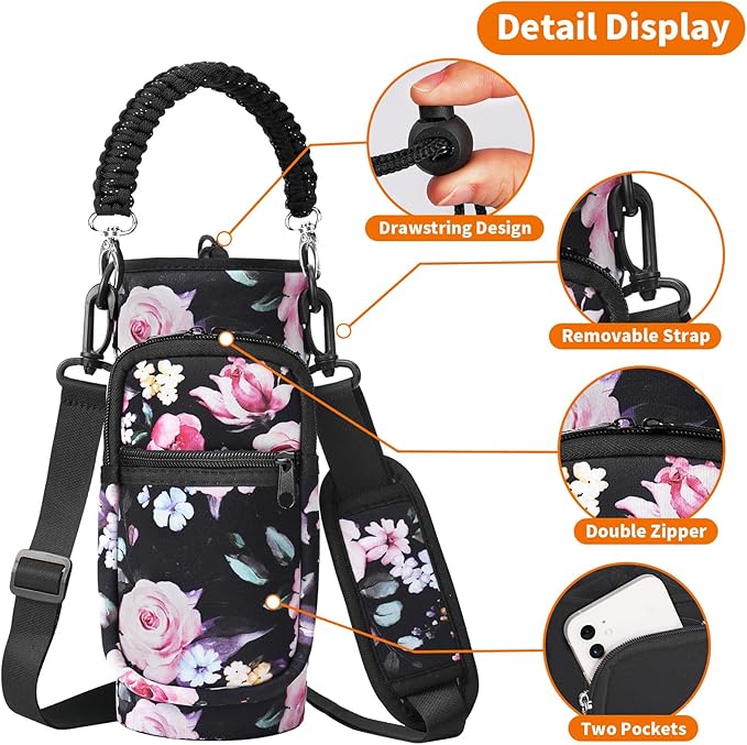 32/40/64/128 oz Neoprene Insulated Water Bottle Carrier Bag, Sling Bag Sleeve Pouch Holder with Strap & Paracord Handle and 2 Pocket for Travelling, Hiking, Camping