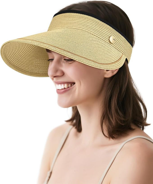 Sun Visor Hat for Women,Wide Brim Beach Hat UV Protection, Packable Straw Sun Visor Hat for Vacation,Summer