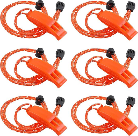 JULBEAR 6PCS Safety Survival Whistles with Adjustable Reflective Lanyard Emergency Plastic Whistle Marine Whistle