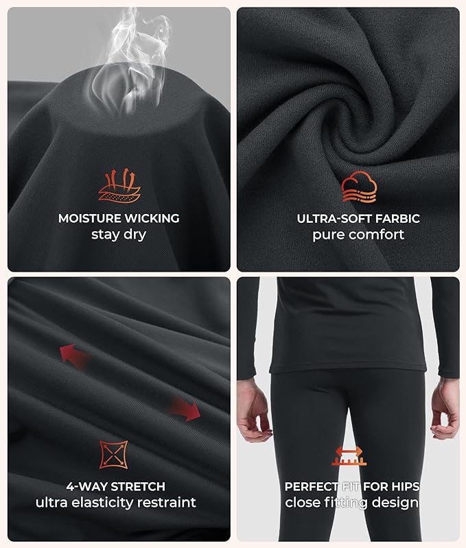 BAMBOO COOL Men's Thermal Underwear with Soft Fleece Lined Base Layer Cold Weather Top Bottom Gift Set