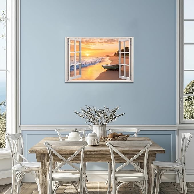 ANRUOXI Beach Wall Art, Window Frame Style Canvas Wall Decor Ocean, Sunset Sea & Tropical Palm Tree Coasts Boat Canvas, Seaside Scenery Nature Landscape Painting for Living Room Office Home 24x36 Inch