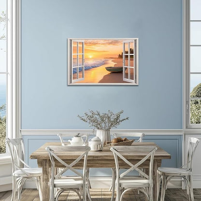 ANRUOXI Beach Wall Art, Window Frame Style Canvas Wall Decor Ocean, Sunset Sea & Tropical Palm Tree Coasts Boat Canvas, Seaside Scenery Nature Landscape Painting for Living Room Office Home 24x36 Inch