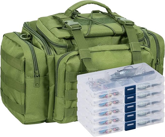 Dr.Fish Fishing Tackle Bag 5 Boxes with 60 Lures Included Loaded Stocked Tackle Box Set Spinner Lures Kit Freshwater Gear Equipment