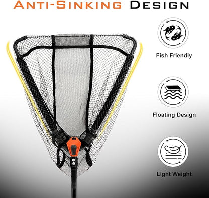 YVLEEN Floating Fishing Net Fish Landing Net - Upgraded Design Foldable & Lightweight Freshwater Fishing Landing Net, Ultra-Thin Rubber Fish Net Easy Catch and Release, Fishing Gifts for Men