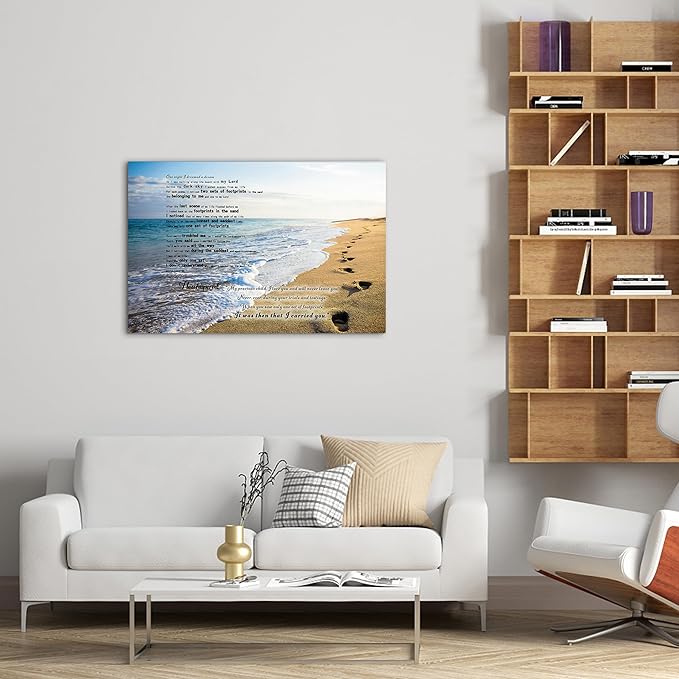 Footprints in the Sand Canvas Prints Wall Art, Footprints in the Sand Wall Art Decor, Inspirational Christian Poem Wall Poster Gift, Beach Picture Wall Art for Living Room Beach Office 24"Hx36"WInches