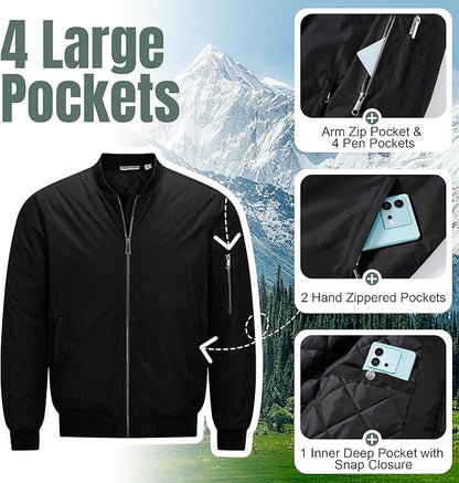 33,000ft Men's Bomber Jacket Waterproof Zip Up Windbreaker Quilted Padded Lightweight Warm Casual Spring Fall Winter Coat