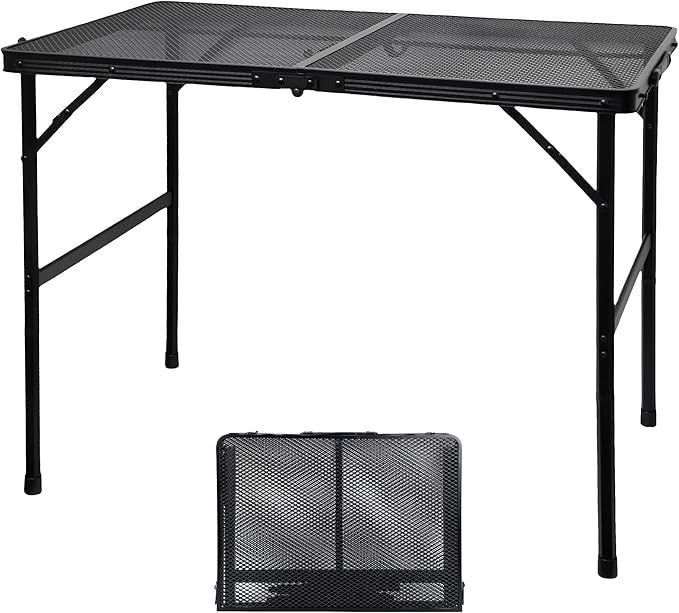 Camping Table with Mesh Desktop, Lightweight & Portable Folding Grill Table, Height Adjustable Metal Outdoor Table for Camp, Cooking, BBQ, RV, Picnic-3 FT Black