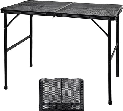 Camping Table with Mesh Desktop, Lightweight & Portable Folding Grill Table, Height Adjustable Metal Outdoor Table for Camp, Cooking, BBQ, RV, Picnic-3 FT Black