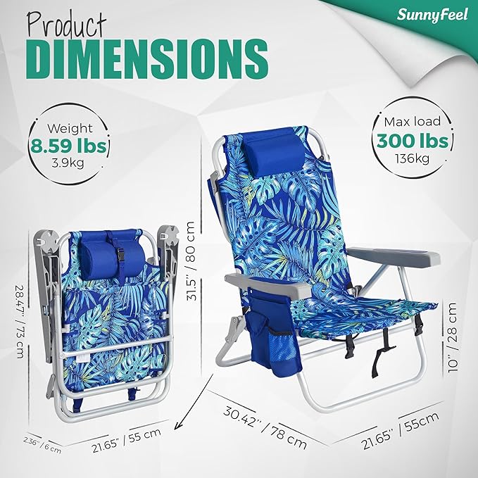 SUNNYFEEL Low Beach Chairs for Adults 5 Position Lay Flat, Portable Folding Backpack Beach Chair Heavy Duty with Cooler Bag, Cup Holder for Outdoor/Lawn/Picnic, Foldable Camping Chair