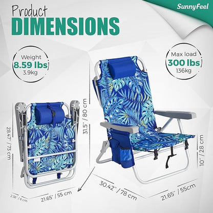 SUNNYFEEL Low Beach Chairs for Adults 5 Position Lay Flat, Portable Folding Backpack Beach Chair Heavy Duty with Cooler Bag, Cup Holder for Outdoor/Lawn/Picnic, Foldable Camping Chair
