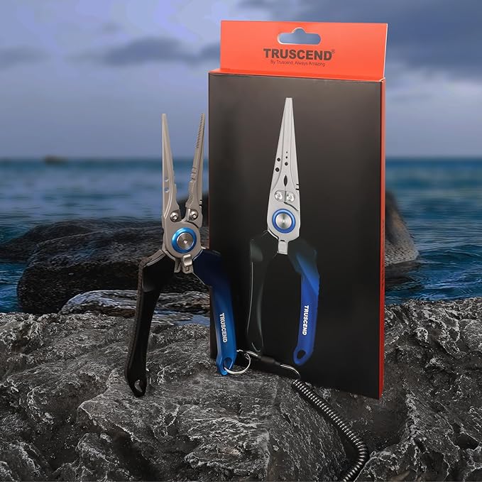 TRUSCEND Lockable Handy Fishing Pliers with Innovative Ergonomic Handle, Saltwater Corrosion Resistant Teflon Coated Fishing Tool, Multi-Function Fishing Gear with Mo-V Cutter