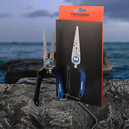 TRUSCEND Lockable Handy Fishing Pliers with Innovative Ergonomic Handle, Saltwater Corrosion Resistant Teflon Coated Fishing Tool, Multi-Function Fishing Gear with Mo-V Cutter
