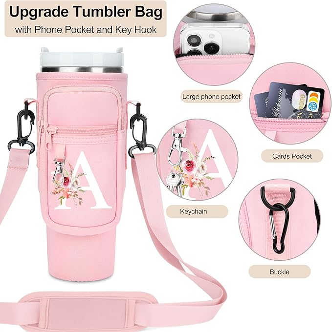 Initial Water Bottle Holder with Strap for Stanley 40 oz Tumbler/Simple Modern 40 oz Tumbler,Water Bottle Carrier Bag with Strap,Personalized A-Z Phone Pocket for Stanley Cup Accessories