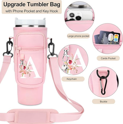 Initial Water Bottle Holder with Strap for Stanley 40 oz Tumbler/Simple Modern 40 oz Tumbler,Water Bottle Carrier Bag with Strap,Personalized A-Z Phone Pocket for Stanley Cup Accessories
