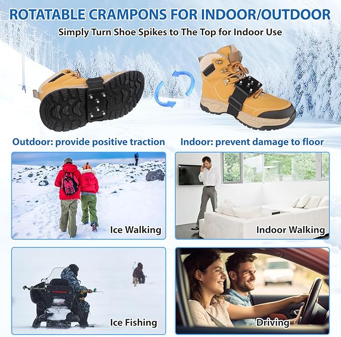SYOURSELF Ice Cleats Crampons for Shoes and Boots, Rotatable Mid-Sole Traction Cleats Shoe Spikes for Snow and Ice, Non Slip Tungsten Spikes Ice Shoes Grippers for Men Women Winter Indoor/Outdoor