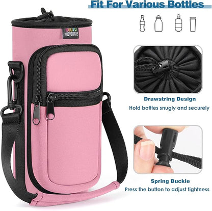 Nuovoware Water Bottle Carrier Bag,25oz/40oz/64oz Bottle Pouch Holder,Adjustable Shoulder Hand Strap 2 Pocket Sling Neoprene Sleeve Sports Accessories for Hiking Travelling Camping