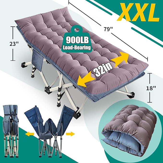 XXL Camping Cot with Mattress Oversize 32" Width Folding Cot Heavy Duty Comfortable Cots for Sleeping Guest Bed with Carry Bag Portable Easy to Set-up for Home Travel Outdoor 79" x 32" x 18"
