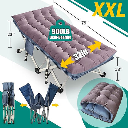 XXL Camping Cot with Mattress Oversize 32" Width Folding Cot Heavy Duty Comfortable Cots for Sleeping Guest Bed with Carry Bag Portable Easy to Set-up for Home Travel Outdoor 79" x 32" x 18"